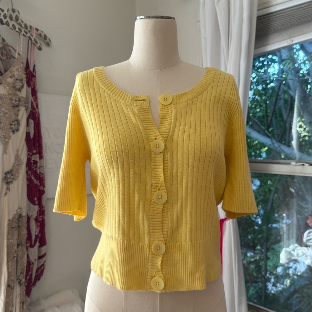 Vintage Jeanne Pierre Sunny Yellow Button Down Short Sleeve Knit Cardigan